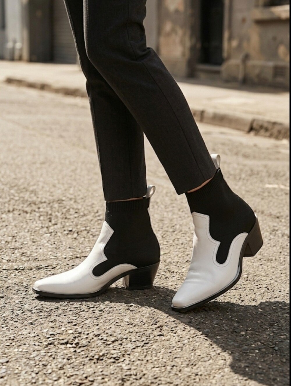Zara Western Cowboy Sock Ankle Boots Two-tone / Sz 7.5 / White, Black
